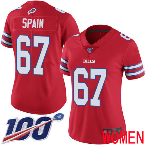 Women Buffalo Bills #67 Quinton Spain Limited Red Rush Vapor Untouchable 100th Season NFL Jersey